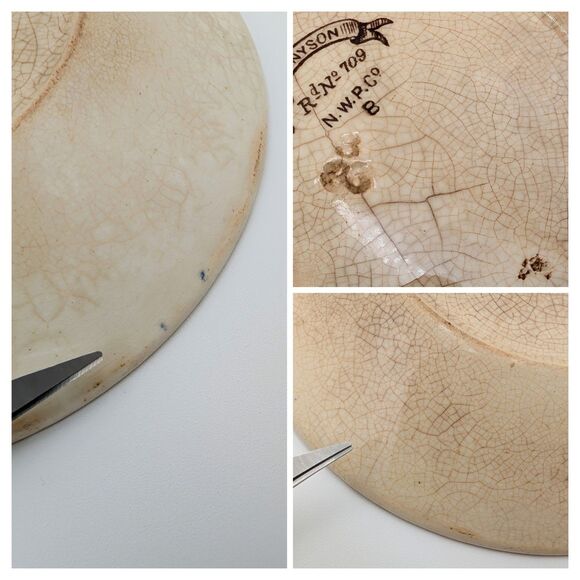 Antique New Wharf Pottery Tennyson Saucers Plates 2 Brown White Transferware 6" - Picture 12 of 12